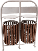 botes de basura para parques doble cilindro con plastimadera y estructura en forma de arco con letrero publicitario y tapa