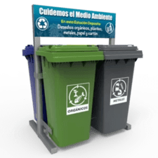 botes de reciclaje para separacion de basura organica inorganica y papel con letrero para indicar el tipo de residuo