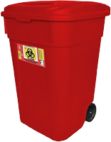 contenedor industrial para residuos peligrosos biológico infecciosos de 145 litros con ruedas y tapa color rojo modelo 8909 RPBI