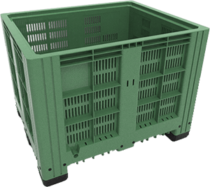 Caja agrícola de plástico con rejilla color verde con una capacidad de volumen de 825 litros
