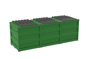 Contenedor para basura metálico modular armable de triple módulo con 5.1 m³ de capacidad, color verde, con tapas superiores