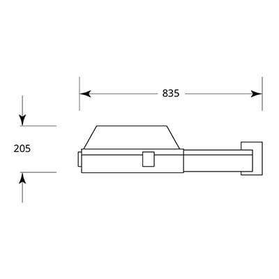Diagrama acotado de la luminaria LED Metrópolis con dimensiones de 83.5 cm de largo y 20.5 cm de alto.