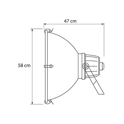 Diagrama acotado del proyector LED OR-55 de Xanthium con medidas de 58 cm de alto y 47 cm de largo.