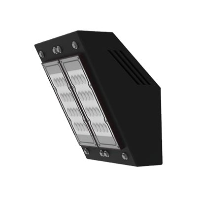 Luminaria LED Wallpack de Xanthium, diseño moderno en acero para fachadas, estacionamientos y muros exteriores.