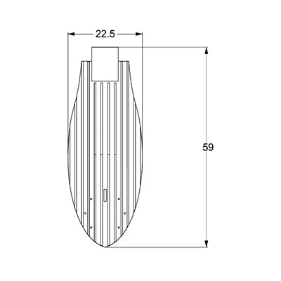 Diagrama acotado de la luminaria LED XR de Xanthium con medidas de 59 cm de largo y 22 cm de ancho.