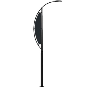 Poste metálico de alumbrado público modelo Curve con brazo curvo y panel lateral para publicidad urbana